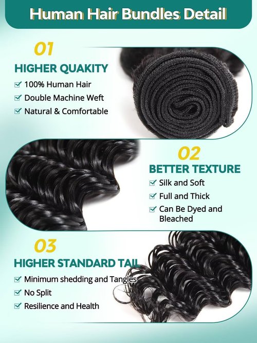 12A Deep Wave Human Hair Bundles 24 Inch Raw Curly Bundles Human Hair 100% Unprocessed 1 Bundles Brazilian Virgin Human Hair Extensions Quick Weave Natural Black Color