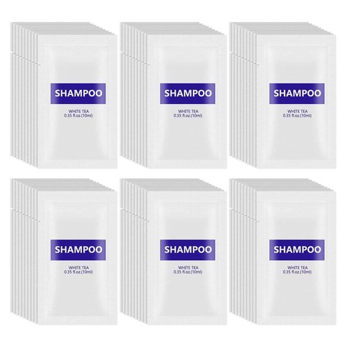 500 pack 0.35 fl oz/10ml Travel Size Shampoo Bulk Individually Wrapped - Refreshing Mini Shampoo Packets Hair Shampoo Single Use Supplies for Homeless Care Hotel Guests, White Tea Scent