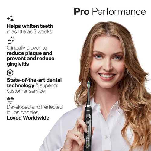 Aquasonic Black Series PRO UV – Ultra-Whitening Electric Toothbrush – 5 Modes & Smart Timers – UV Sanitizing Base, Premium Travel Case & 6 Proflex Brush Heads – ADA Accepted