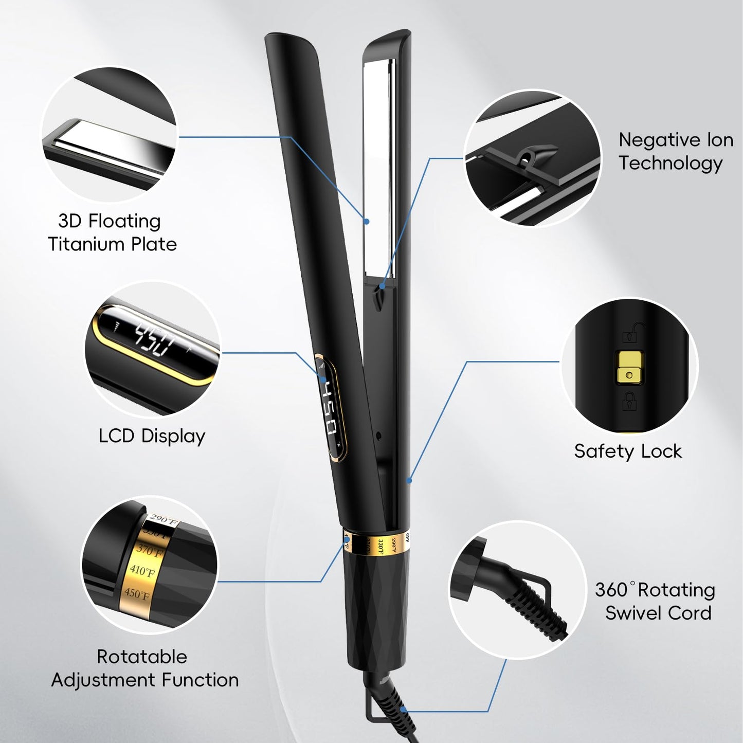 Nicebay Hair Straightener Flat Iron, Titanium Heater Surface, Hair Straightener and Curler, 5 Temp Settings, Fast Heating, Negative Ion, Wide Voltage for Travel, 1 Piece