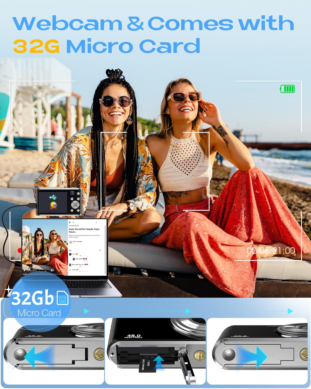 4K Digital Camera, Autofocus 48MP Vlogging Camera for Photography Compact Point and Shoot Digital with 16X Zoom, 32GB Card, 2.8" Screen, Anti-Shake(Black)