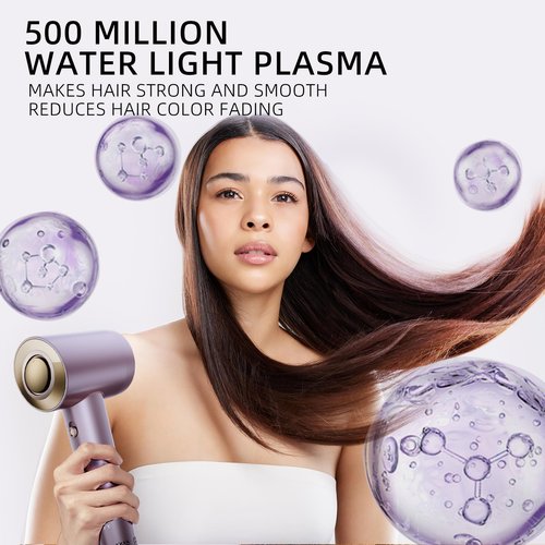 TINSOL Hair Dryer, 500 Million Plasma Professional Hair Dryer, 130000RPM High Speed Brushless Motor Blow Dryer Quick Drying Low Noise with Magnetic Nozzle and Essential Oil Capsules for Home(Purple)