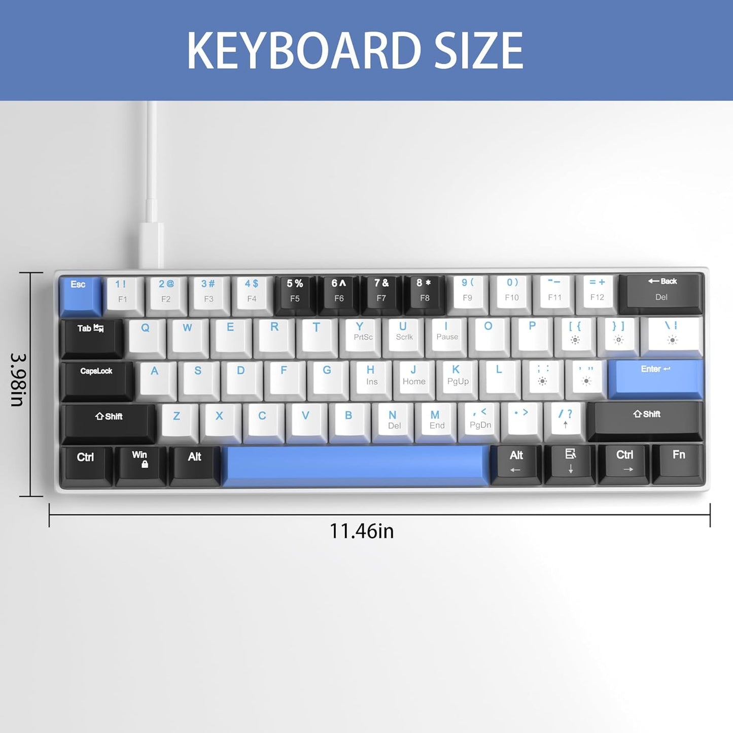 60% Mechanical Gaming Keyboard, White Gaming Keyboard with Red Switches, Detachable Type-C Cable Mini Keyboard with Blue LED Light for/PC/Laptop