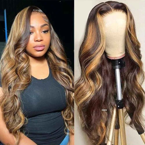 A FUTURE TONGMEI 4/27 Highlight HD Lace Front Wigs Human Hair Pre Plucked 13x4 Body Wave Frontal Wig with Baby Hair 180% Density Ombre Brown and Honey Blonde Human Hair Wigs for Black Women 22 Inch