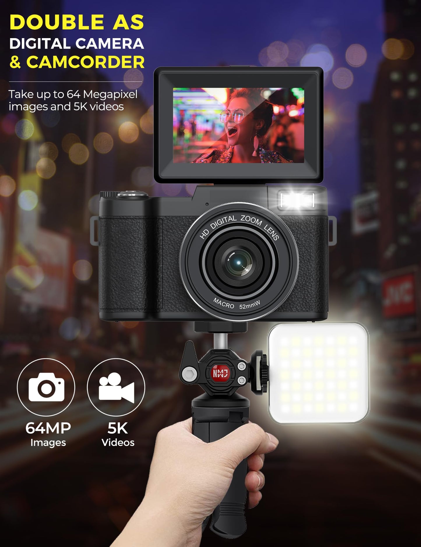 5K Digital Camera with WiFi 64MP Autofocus Full HD Vlogging Camera for YouTube Point and Shoot Camera with Flip Screen Photography Cameras for Beginners with Selfie Light, Mini Tripod, Batteries