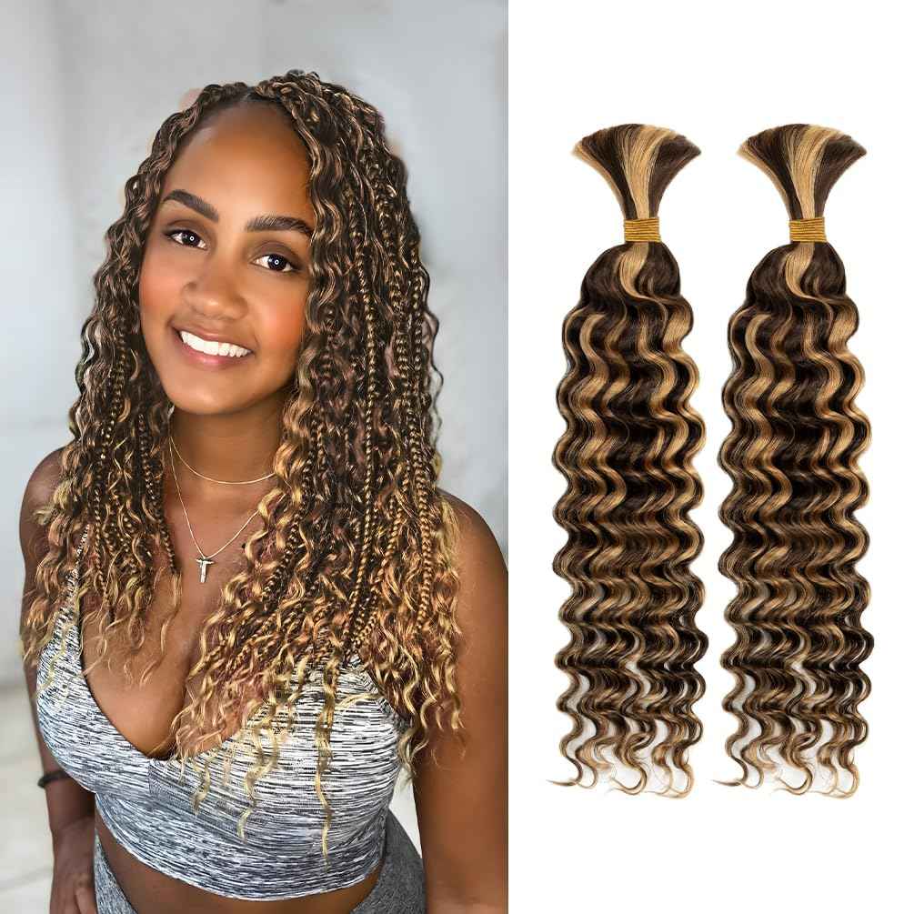 Human Braiding Hair for Boho Knotless Braids 2 Bundle 16 Inches 80g Deep Wave Bulk Human Hair for Braiding Hair Wet and Wavy 10A Brazilian Virgin Human Hair Balayage Brown to Blonde 4P27