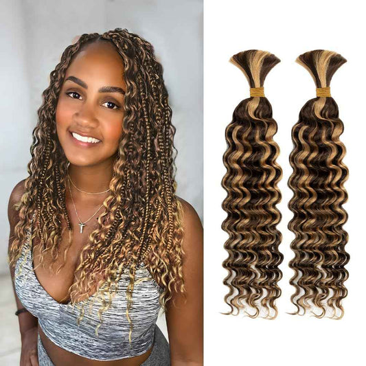 Human Braiding Hair for Boho Knotless Braids 2 Bundle 16 Inches 80g Deep Wave Bulk Human Hair for Braiding Hair Wet and Wavy 10A Brazilian Virgin Human Hair Balayage Brown to Blonde 4P27