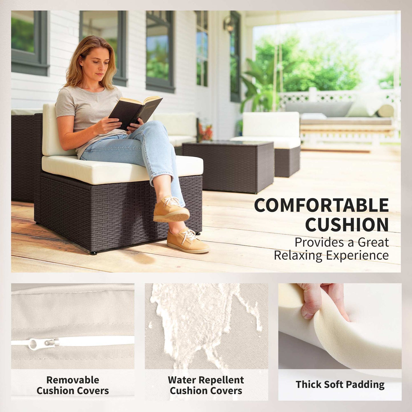 7-Piece Outdoor Rattan Sectional Sofa Set with Coffee Table - Cream White