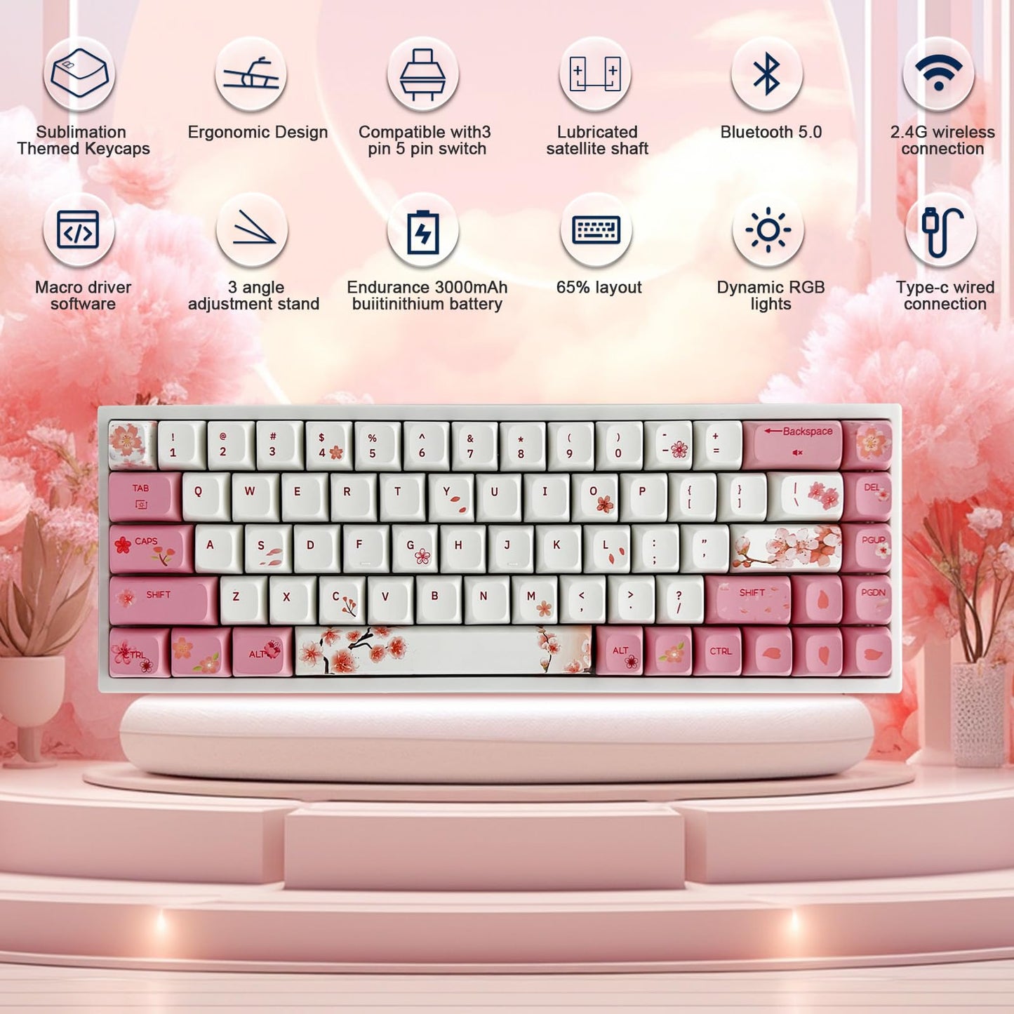 ZMX X BOYI Cherry Blossom Pink Gaming Keyboard,65% Compact 68 Keys Mini Hot Swap Tri-Mode BT/2,4G/Type-C Wireless Mechanical Keyboard with Dye-Sub PBT XDA Keycaps (Yellow Switch)
