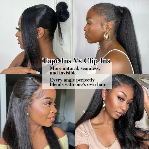 Liqusee Kinky Straight Tape In Hair Extensions Human Hair 100% Remy Hair Natural Black 26 inch 20pcs 50g/Pack Double Sided Seamless Skin Weft Tape ins Real Human Hair Extensions for Black Women