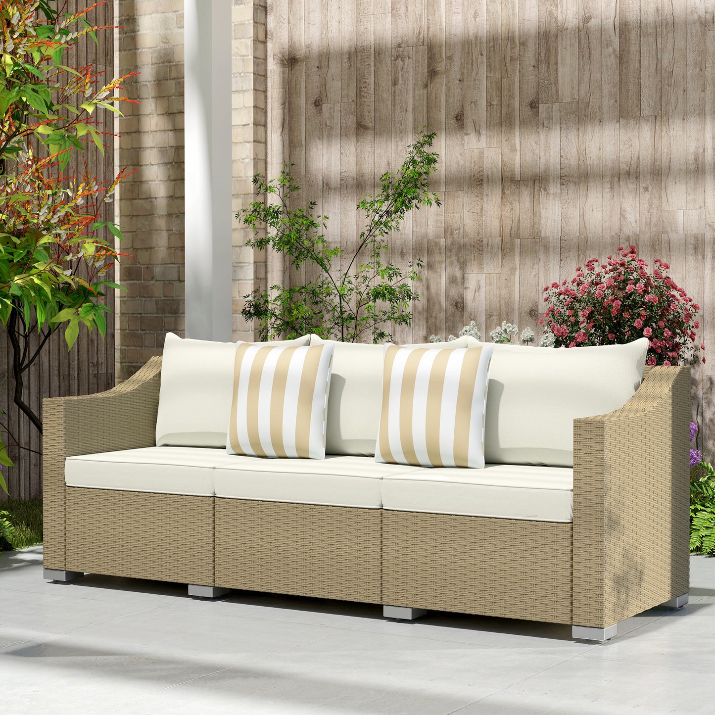 Cream White Rattan 3-Seater Patio Sofa with Cushions & Pillows