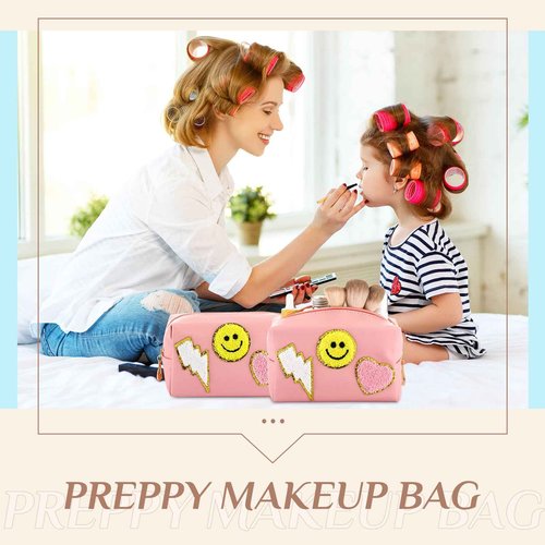 Silkfly 15 Pcs Preppy Patch Makeup Bag Bulk End of the Year Teacher Gifts Bulk Cosmetic Toiletry Bag Smile Lightning Heart PU Leather Portable Waterproof Makeup Cosmetic Purse for Women(Pink)