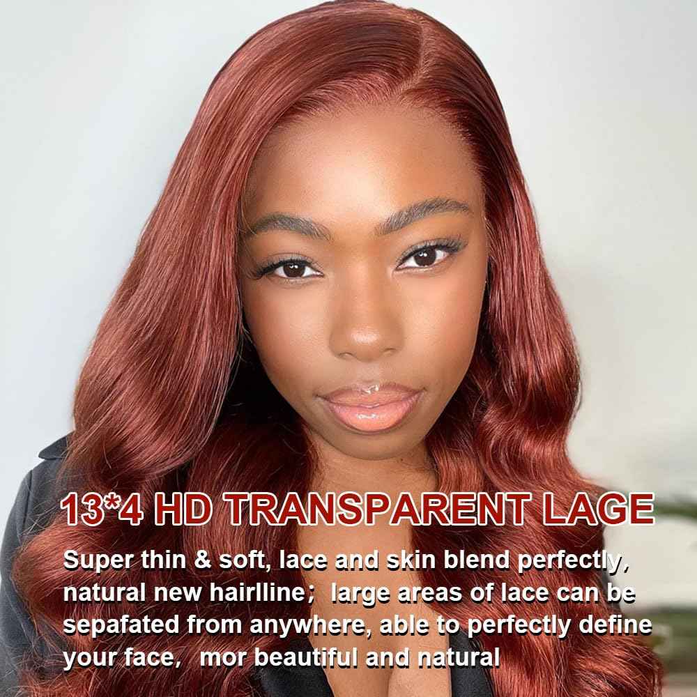 24 inch Reddish Brown Lace Front Wigs Human Hair 13x4 Body Wave HD Lace Frontal Wigs for Women 180 Density Auburn Colored Copper Red Pre Plucked with Baby Hair