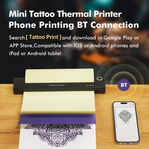 YISUN Tattoo Stencil Printer, Portable Wireless Tattoo Printer, 2000mah Rechargeable Battery with 10 Transfer Papers, Compatible with Android,iOS & Windows