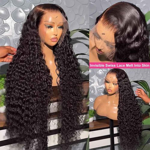 Deep Wave Lace Front Wigs 13x6 HD Transparent Lace Frontal Wig for Black Women 100% Real Curly Human Hair Wigs Pre Plucked with Baby Hair 180% Density (Black, 22 inch)