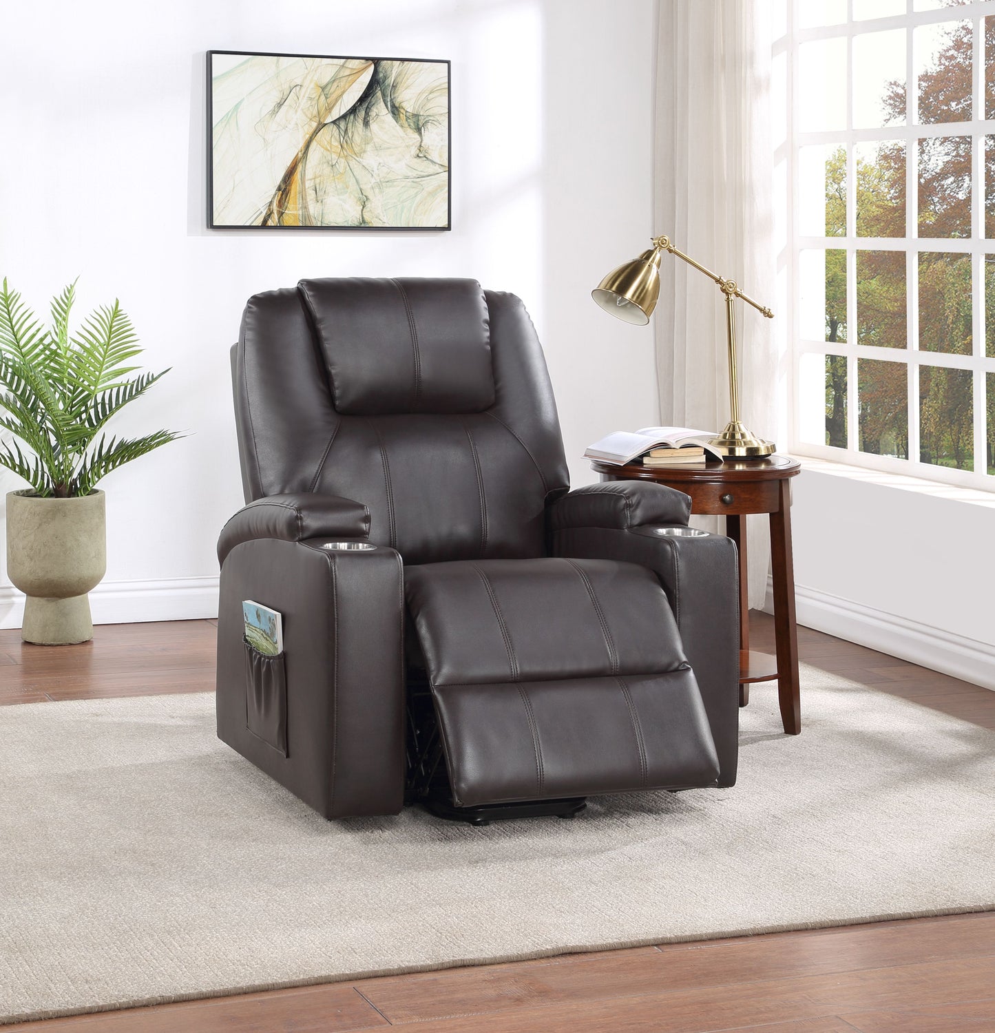 Brown Leather Recliner with Power Lift & Massage Function