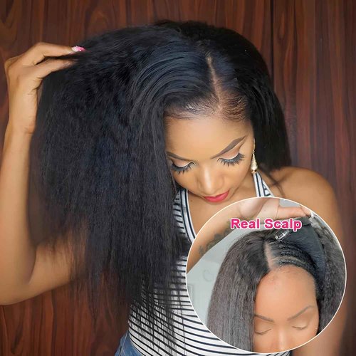 Prtyopp V Part Wig Human Hair Kinky Straight 20 Inch Vpart Human Hair Wig Upgrade U Part Wig Yaki Straight Clip in Half Wigs for Black Women Glueless No Leave Out 180% Density Natural Color