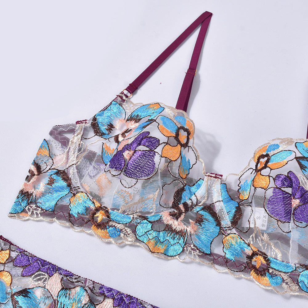 Gather Perspective Embroidery 5-Piece Lingerie Set for Women - Purple & Apricot