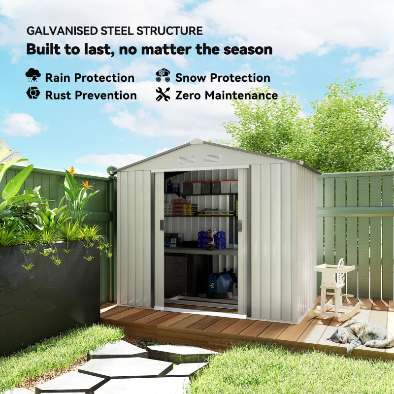 Garden Storage Shed with Double Sliding Doors & Vents - White, 7x4 ft