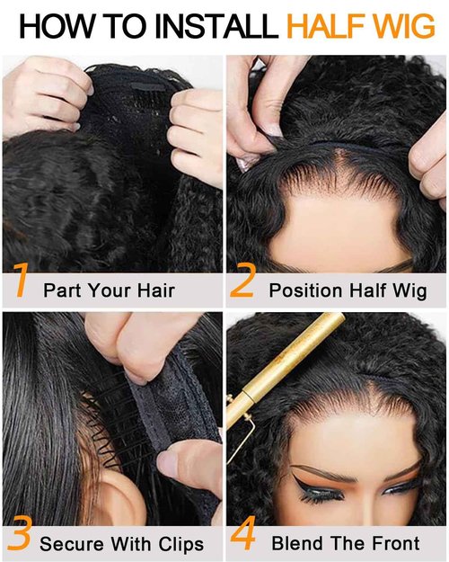 ‌Kinky Curly Half Wig Human Hair With Drawstring 200% Density, Seamless 3 In 1 Flip Over Afro Kinky Curly Wig Human Hair Glueless Wear and Go Headband Curly Half Wigs for Black Women 18 Inch