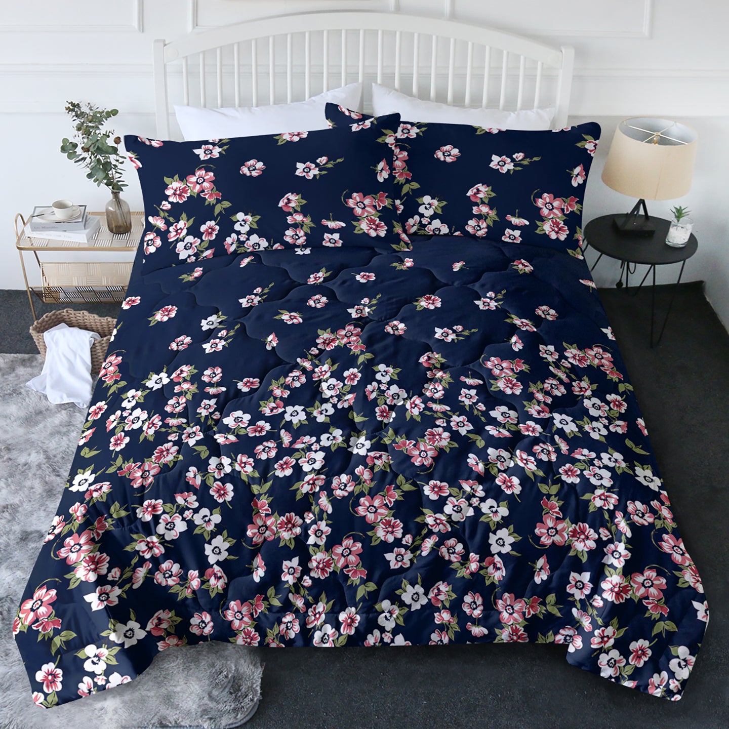 Floral Comforter Set - Dark Blue Queen Size with 2 Pillowcases
