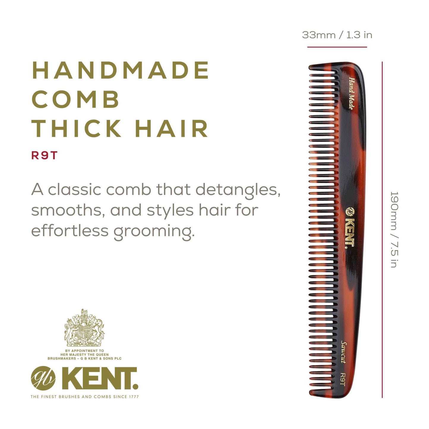 Kent R9T All Coarse Detangling Comb, Wide Teeth Dressing Table Comb for Thick Curly Wavy Hair. Detangler Combs for Grooming Styling Hair, Beard and Mustache. Saw-Cut. Handmade in England