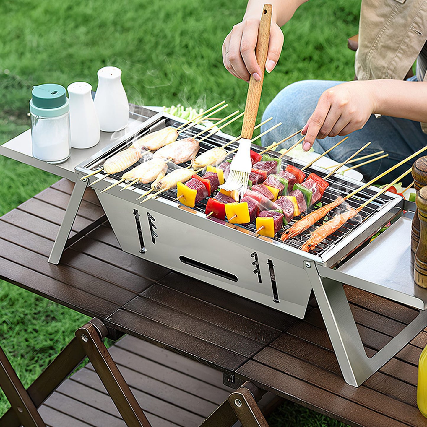 Portable 3-in-1 Charcoal Grill & Fire Pit for Camping - Silver
