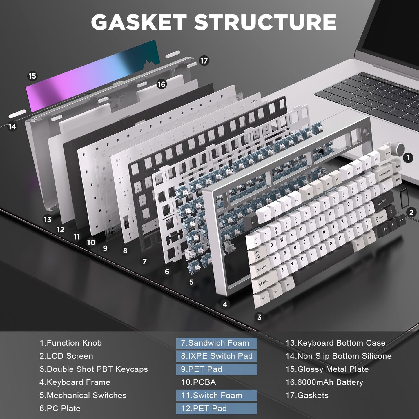 YUNZII AL80 Wireless Mechanical Keyboard,Full Aluminum CNC, Smart LCD Display,Hot Swappable Gasket Mount 75% Layout with Knob,BT/2.4G/USB-C,QMK/VIA Support for Win/Mac (Silver, Gateron Zero Switch)