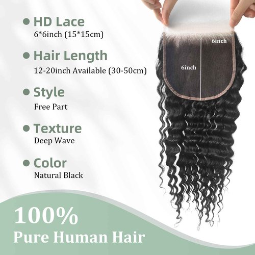 6x6 HD Lace Closure Loose Deep Wave Human Hair 18 Inch - 0.10mm Ultra-thin Invisible Skinlike Real HD Lace 6x6 Closure, 100% Pre Plucked Brazilian Raw Virgin Hair Skinlike HD Lace Closure Wet and Wavy