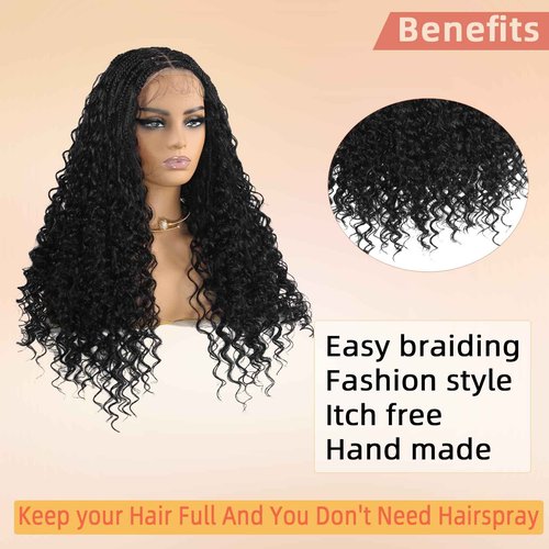 Miz Barn 360 Full Lace Front Knotless Boho Box Braid Wigs Synthetic Lightweight Twist Braided Wig With Curly Ends Swiss Lace Braids Wigs With Baby Hair For Black Women (1B, 24")