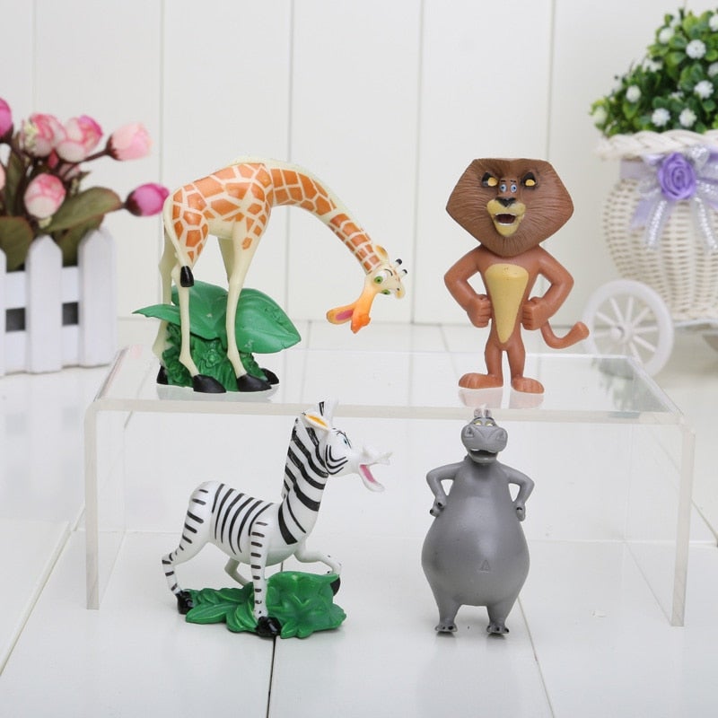 Mini Animal Toy Set - Madagascar Lion Giraffe Zebra Hippo Decorative Models