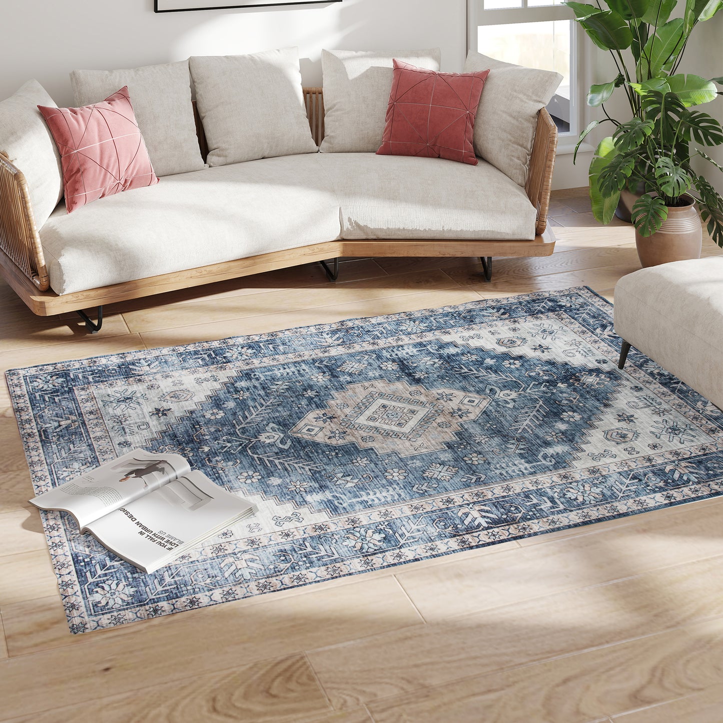 4x6 Vintage Washable Area Rug - Non-Slip Blue Carpet