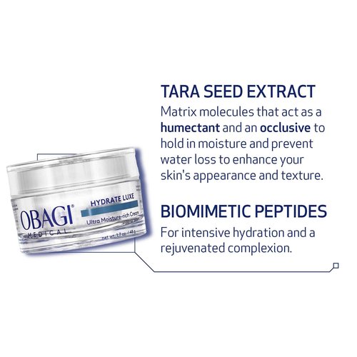 Obagi Hydrate Luxe Ultra-Rich Facial Moisturizer – Non-Comedogenic with Tara Seed Extract and Biomimetic Peptides – Intensive Night Face Cream for Dry, Sensitive or Aging Skin – 1.7 oz