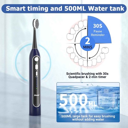 Electric Toothbrush with Water Flosser, Upgrade Flossing Toothbrush Combo, 5 Floss Speeds&3 Brush Modes, 500mL Tank, 30-Day Battery, for Adults & Teens, Gums, Braces, Dental Care,Off-Blue