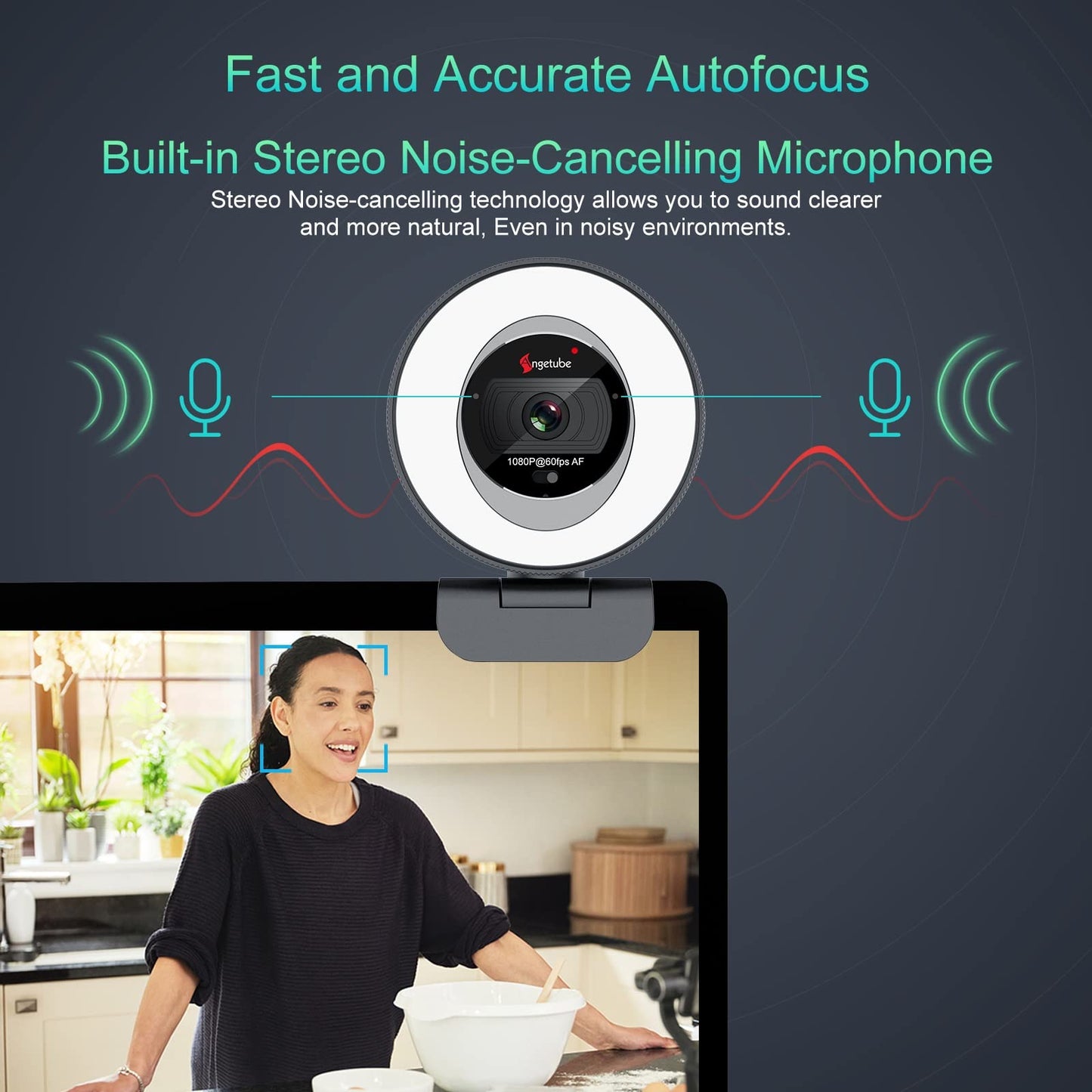 Angetube 1080P 60FPS Webcam, Streaming Webcam with Ring Light Web Camera with Microphone 5X Digital Zoom Remote Control Include, Built-in Privacy Cover for PC, Computer, Loptop, Mac, Windows 11
