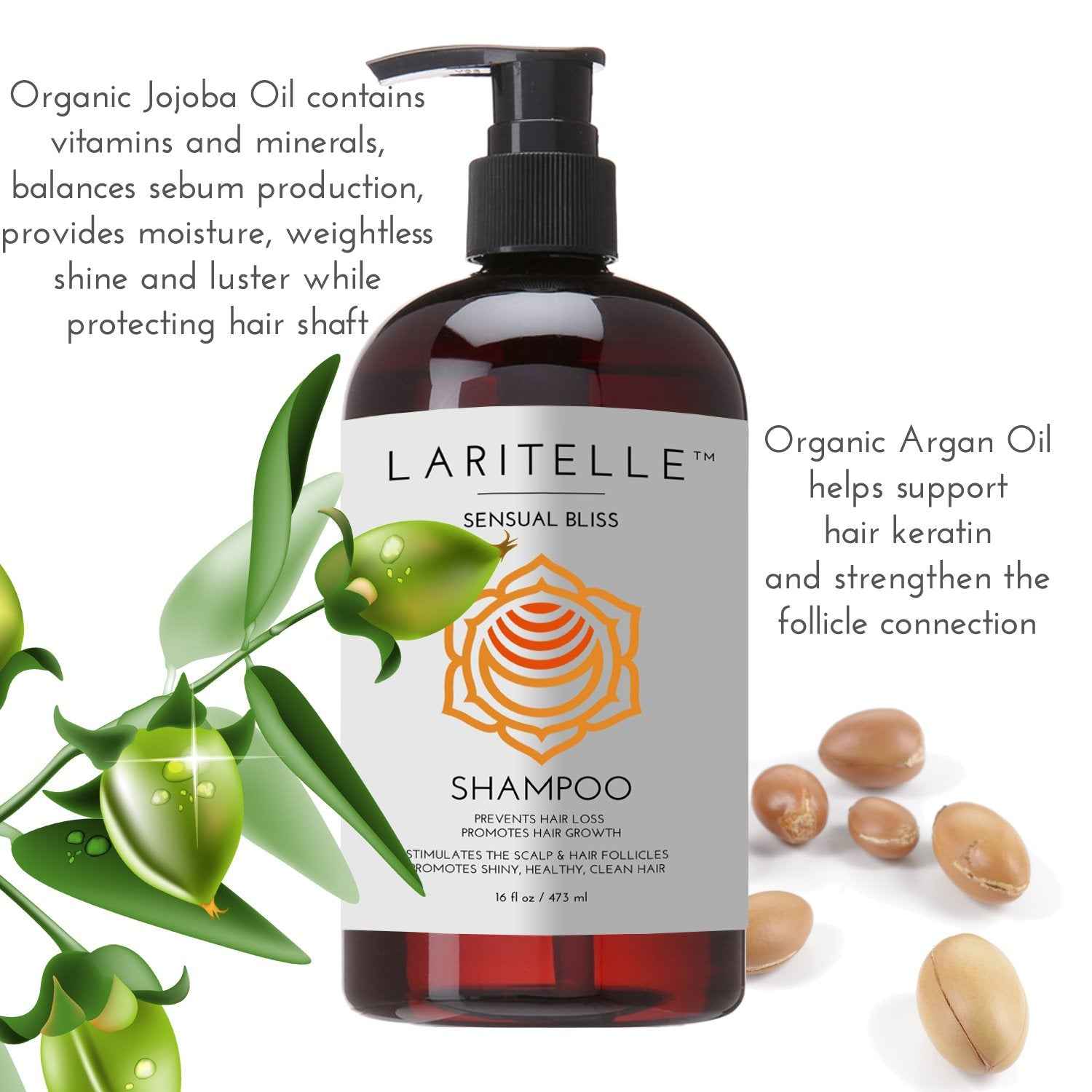 Laritelle Organic Shampoo 17.5 oz. Argan Oil, Rosemary, Palmarosa. Promotes Hair Growth, Prevents Hair Loss. GF