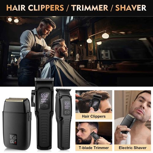 QREEYX Professional Hair Clipper for Men, 3 in 1 Hair Clipper Beard Trimmer and Electric Foil Shaver Set with LED Display, Cordless Grooming Kit for Home, Travel, Barber, Ideal Gift for Him