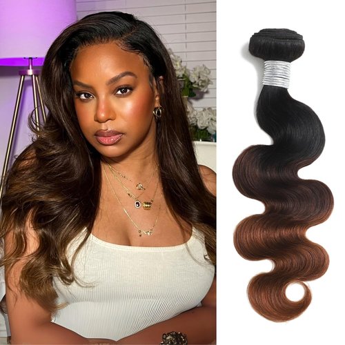 AUROO T1B/2/30 Chestnut Brown Ombre Human Hair Bundles Body Wave 24 Inch, 12A Thick Track 100% Virgin Human Hair Bundles Dark Roots Bundle 3 Tone Ombre Medium Auburn Colored Single Bundle Quick Weaves