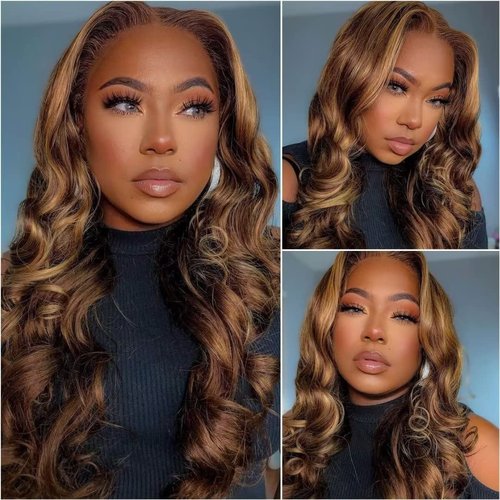 BELE Ombre Highlight 4/27 Color 13x6 Transparent HD Lace Front Wig Human Hair Brazilian Virgin Body Wave 180% Density Lace Front Glueless Wig Pre Plucked with Baby Hair 20inch for Women