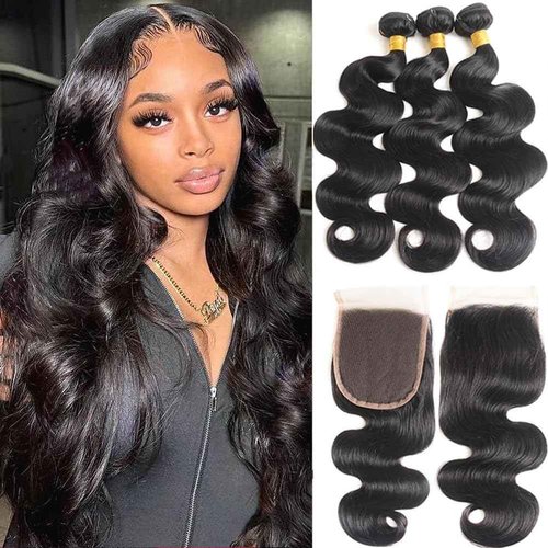 Bundles with Closure Human Hair Body Wave 20 22 24+18 Inch 100% Unprocessed Brazilian Virgin Human Hair 3 Bundles with Closure Human Hair Extensions with 4x4 Free Part Lace Closure Natural Black