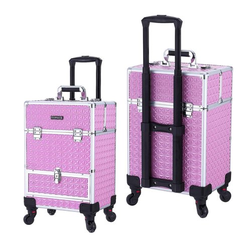 TOPACK Rolling Makeup Train Case,Professional Cosmetology Case on Wheels,Large Cosmetic Organizer Trolley Case,Makeup Travel Case with Draws,Nail Artist Hairstylist Storage Traveling Cart Trunk,Pink