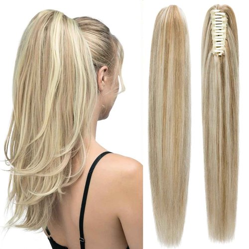 FUOTONBUTY Claw Clip Ponytail Extension 100% Real Remy Human Hairpiece Pony Tails Hair Extensions Long Straight Ponytail for Women (Balayage Caramel Blonde to Bleach Blonde, 20 inch)