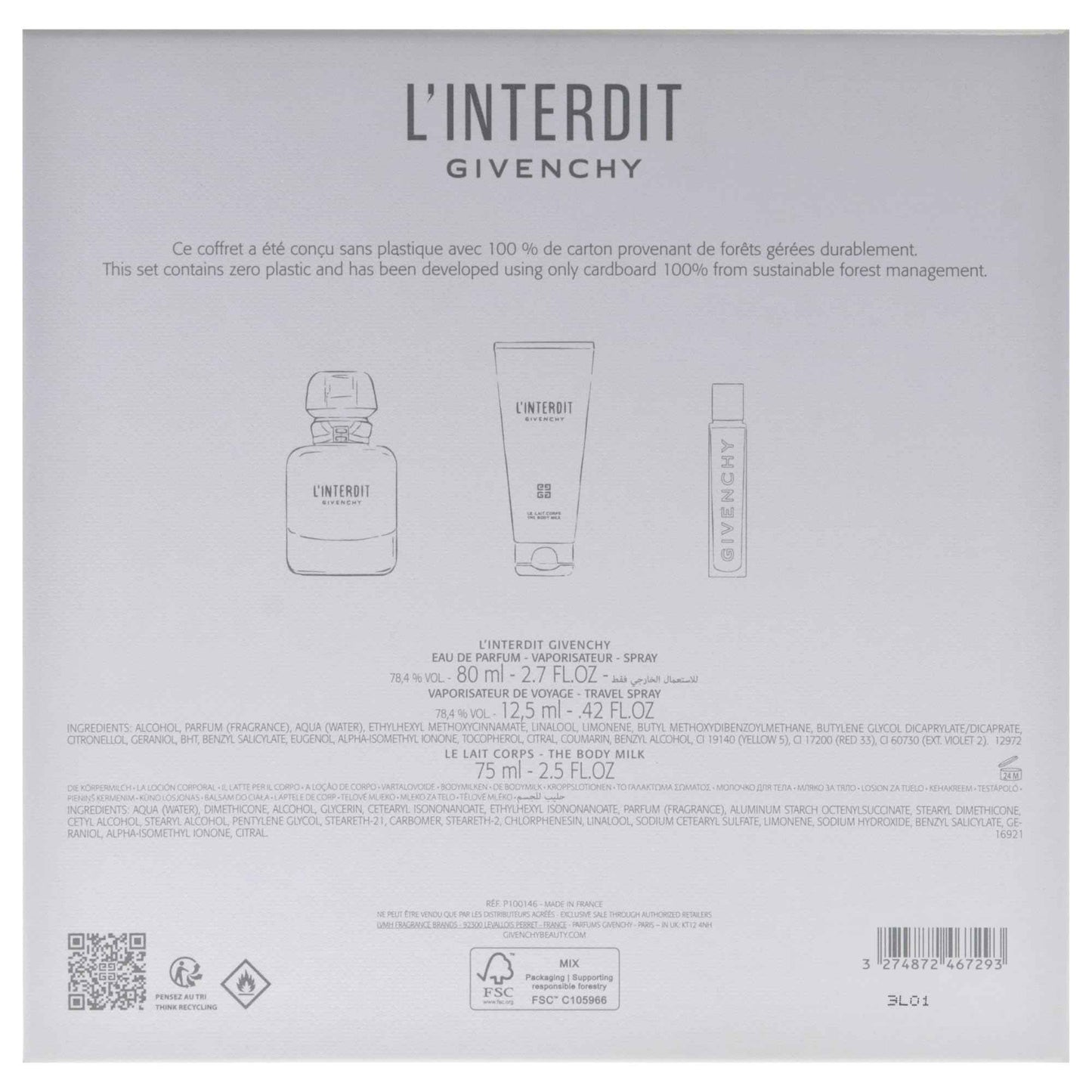 Givenchy LInterdit for Women - 3 Pc Gift Set 2.7oz EDP Spray, 0.42oz EDP Spray, 2.5oz Body Milk