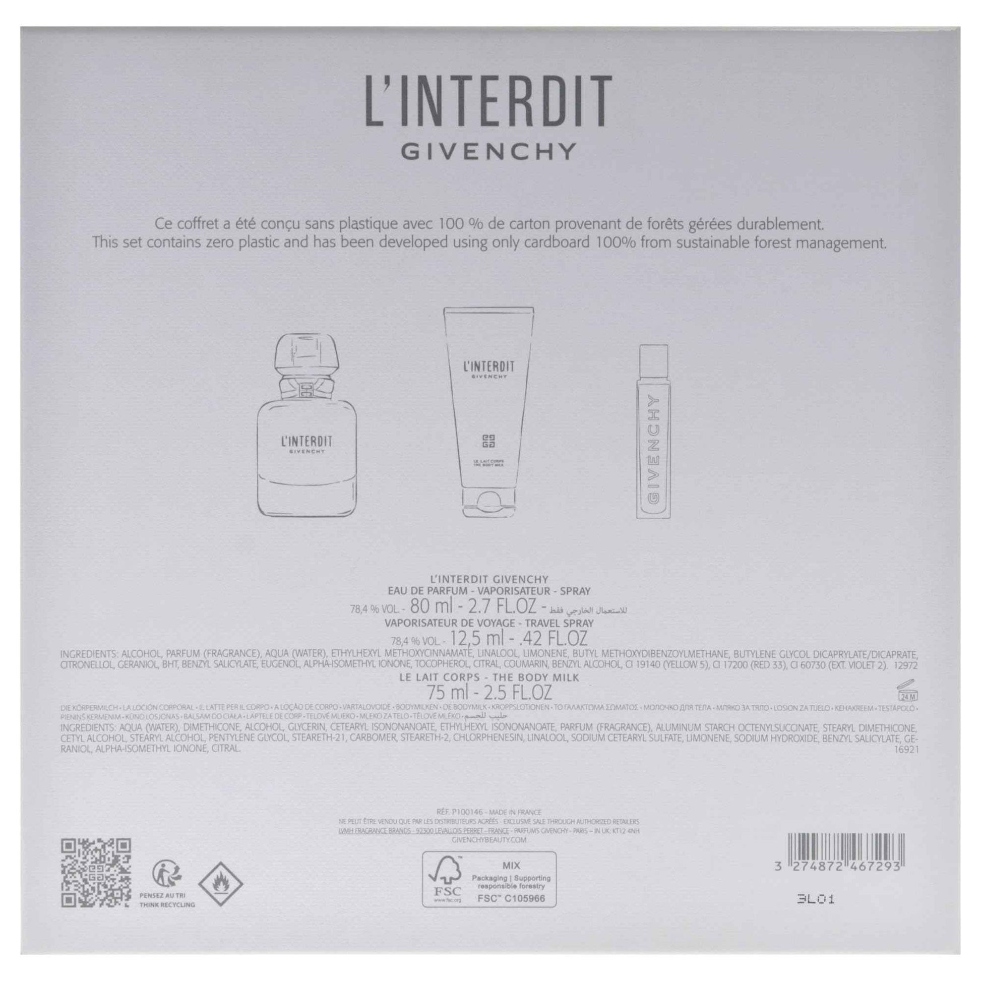 Givenchy LInterdit for Women - 3 Pc Gift Set 2.7oz EDP Spray, 0.42oz EDP Spray, 2.5oz Body Milk