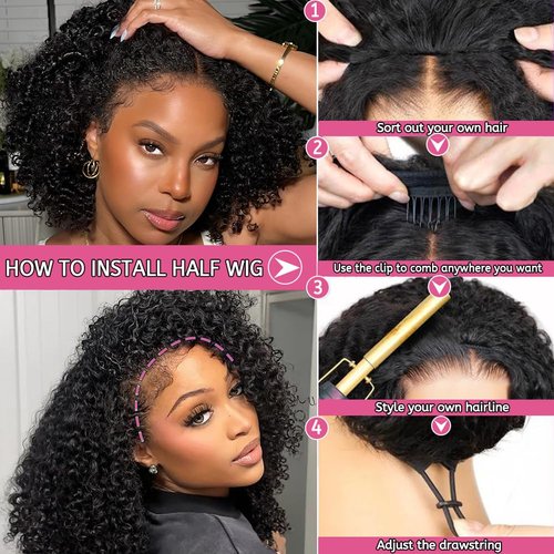 GYRJC Half Wig Human Hair Glueless Wigs Upgrade 3 In 1 Half Wig with Drawstring Seamless Clip Ins Flip Over Wig 200 Density Curly Human Hair Wig for Women Headband Wig 16 Inch