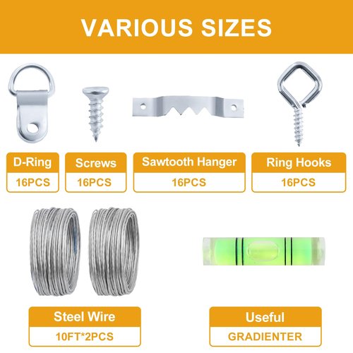 KURUI 303Pcs Picture Hanging Kit, Picture Hangers Assorted Kit with Heavy Duty Wall Hooks, Sawtooth, Picture Wire, D Rings, Hardware Nails, Eye Hooks, Silver Heavy Duty Frame Hooks