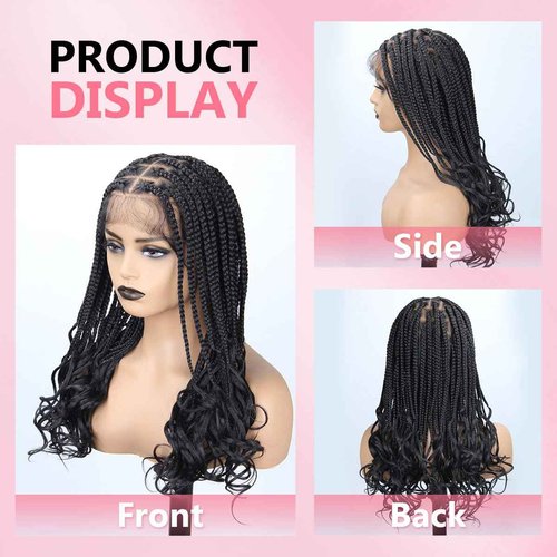 lounoke 18 Inch Braided Wigs With Curly Ends, 360 Single Full Lace French Curl Braided Wigs for Black Women Knotless Box Braid Wig with Baby's Hair