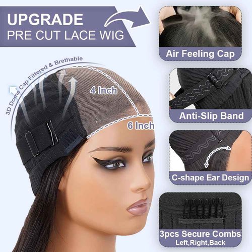 Dheridy 210% Density 6x4 Wear and Go Wigs,100% Human Hair, [2-Year Life, 205g], Straight Glueless Closure Wigs Human Hair Pre Plucked Pre Cut, Tiny Knots Middle Part Skinlike HD Lace Wig 24 Inch