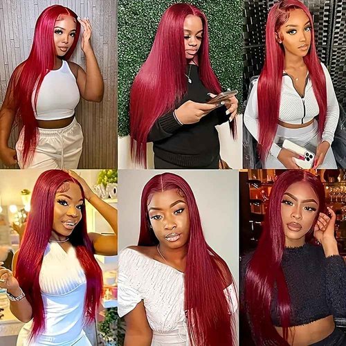 LUOSIWLD 99j Lace Front Wigs Human Hair Glueless Transparent Wigs for Women Burgundy Straight 150% Density 13×4 HD 20 inch