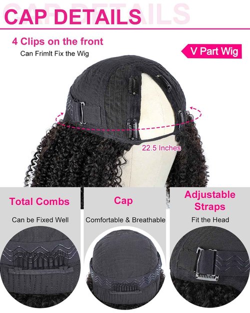 V SHOW Curly V Part Wig Human Hair Upgrade U Part Wig Human Hair Wigs for Women Glueless V Shape Wig Afro Curly Wigs No Leave Out 180% Density Natural Color 18Inch
